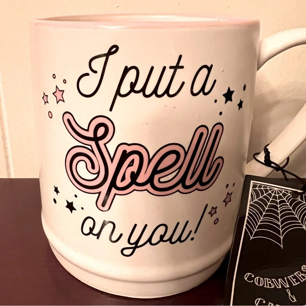 I put a spell on you mug white with black & pink graphic Halloween witch NWT